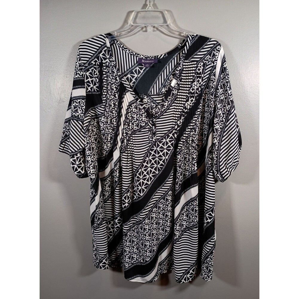 Roaman's Lightweight Printed Black White Y Neck Georgette Top Plus Size 18W